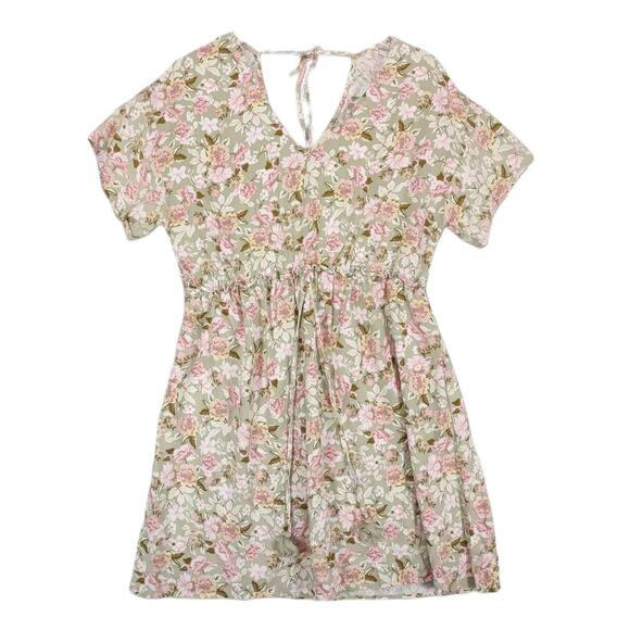Bebop Sz XL Floral Print V-Neck Tassel Rayon Mini Dress, Cottagecore Green Pink - Picture 1 of 5